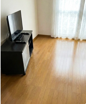 ゴミ屋敷清掃後：テレビ台とテレビのみが残り、生活動線が確保された1Rの部屋